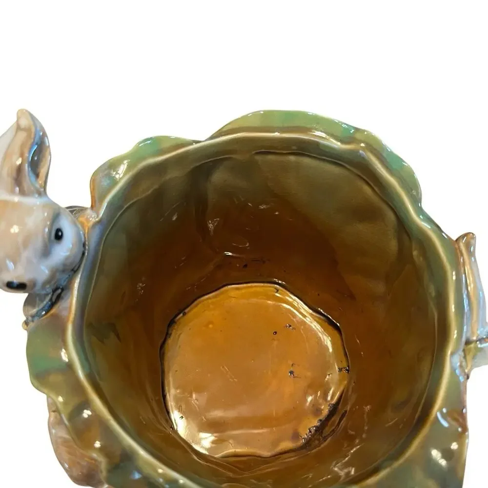 Bunny Rabbit Planter Vintage Ceramic Cabbage Peter Rabbit Glazed Retro Country
